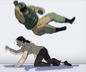 Создать мем: нарисованный персонаж, фьюз падает на заложника, fuze elbow dropping hostage