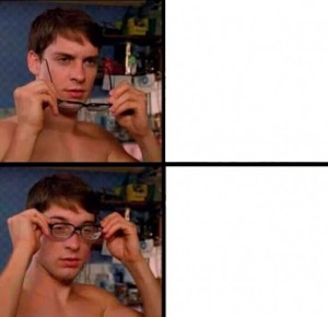 Create meme: meme Peter Parker wears glasses, Peter Parker meme with sunglasses, Peter Parker glasses meme