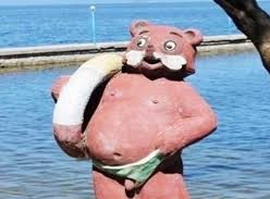 Create meme: drunk dad came out to say Hello, big bear, statue of a bear with a lifebuoy