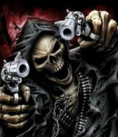 Создать мем: череп с пистолетами, скелет с револьвером, скелет с пистолетом