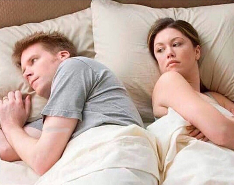Create meme: signs of her husband's infidelity, again he thinks about his women meme, husband and wife in bed