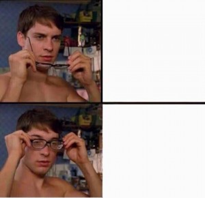 Create meme: Peter Parker wears glasses, Peter Parker glasses meme, Peter Parker wears glasses
