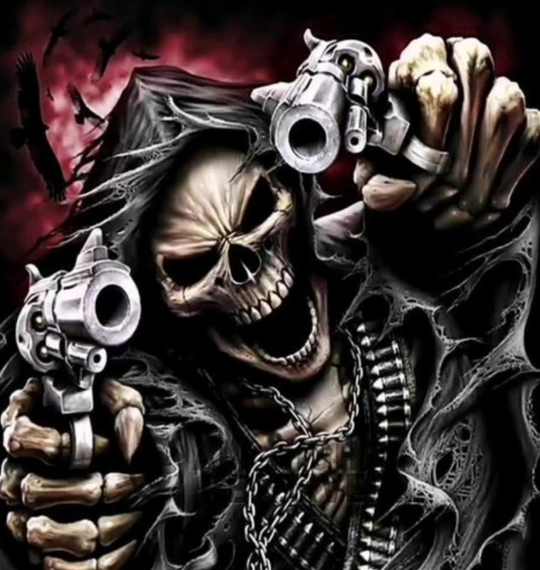 Создать мем: череп с пистолетами, скелет с револьвером, скелет с оружием