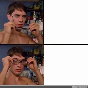 Create meme: meme Peter Parker wears glasses, Peter Parker meme with sunglasses, Peter Parker glasses meme