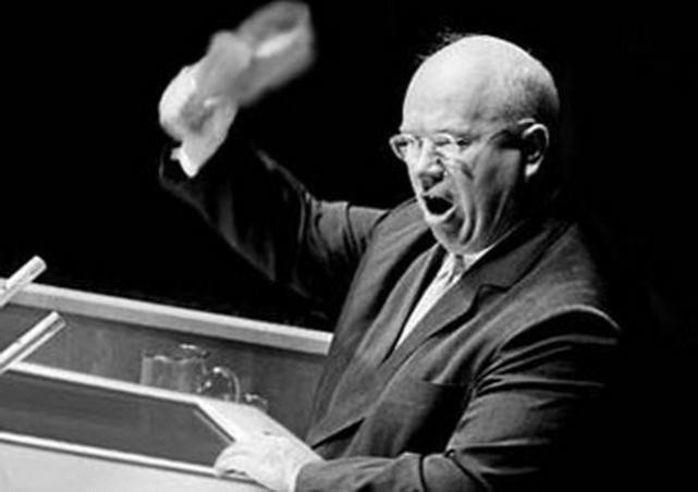 Create meme: nikita sergeevich khrushchev, Khrushchev and the boot, Khrushchev taps his shoe on the podium