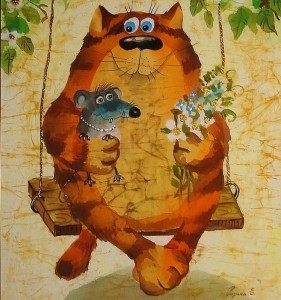 Create meme: a cat with a mouse, cats Helena resinol, cats paintings cool