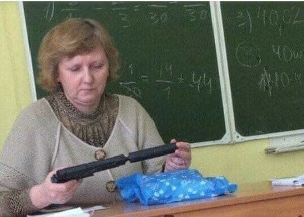 Create meme: a teacher with a gun, Russian jokes , obzh teacher