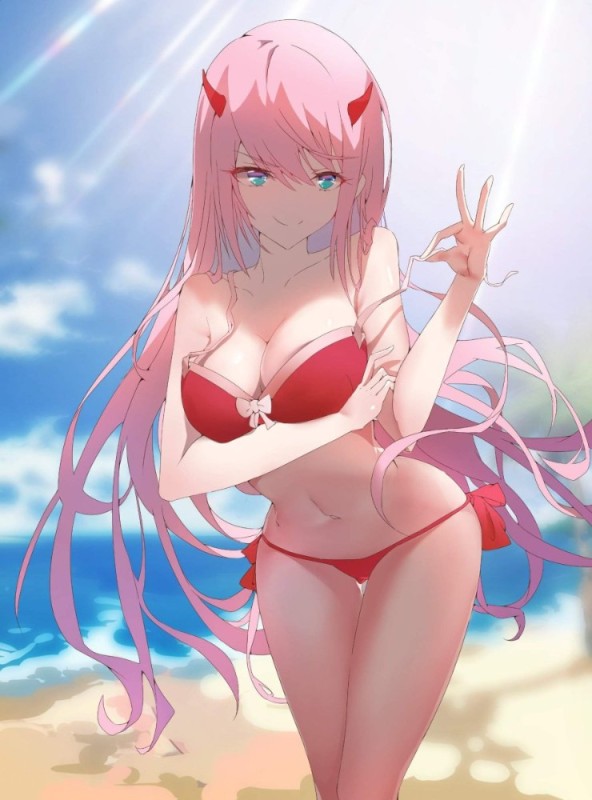 Create meme: zero two in a swimsuit 18, zero two franks in a swimsuit, anime darling in the franxx