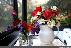 Create meme: flowers in a vase, freesia flower, flowers in a jug