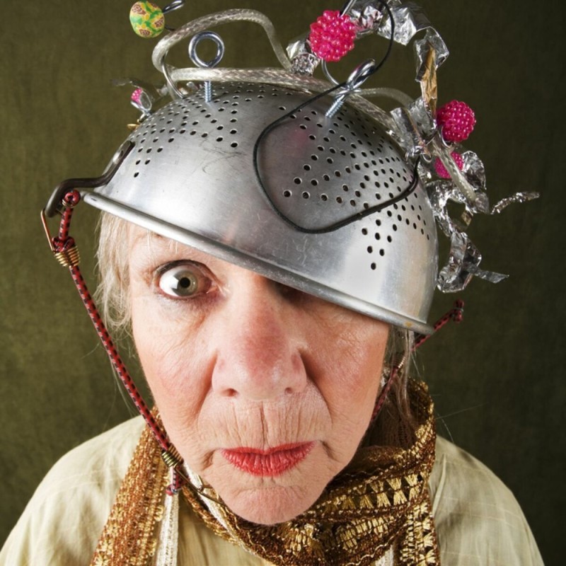 Create meme: saucepan on his head, crazy grandma, old 