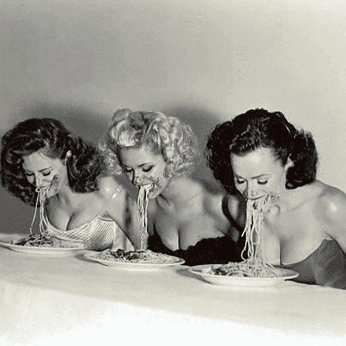 Create meme: girls and spaghetti retro, woman , retro food