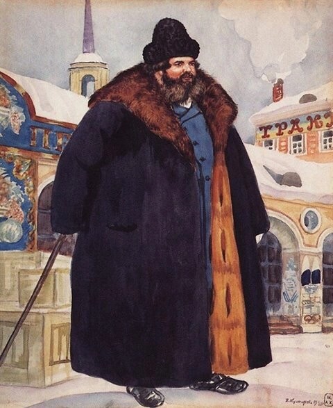 Create meme: boris mikhailovich kustodiev, Kustodiev merchant in a fur coat, The merchant is a Kustodiev painting