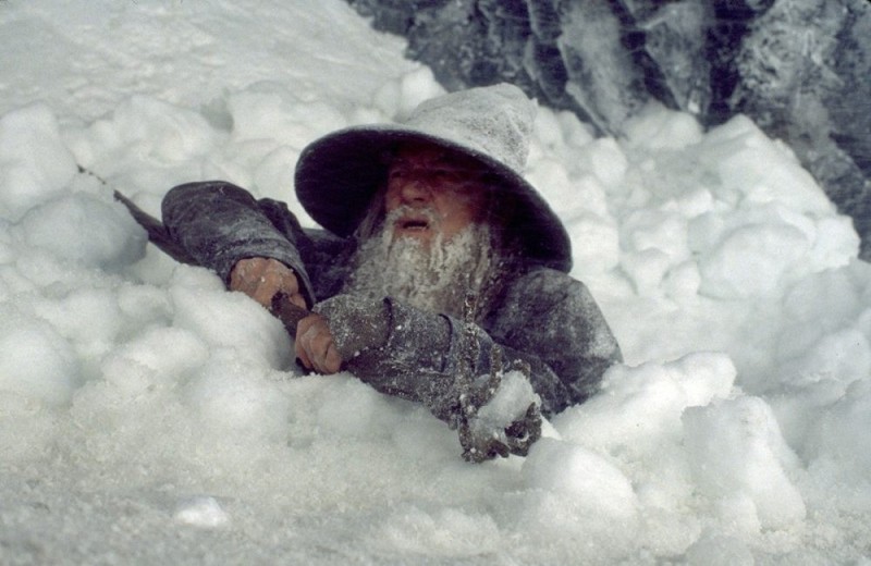 Create meme: Gandalf in the snow, Gandalf and Frodo in the snowy mountains, karadras the lord of the rings