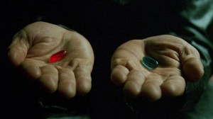 Create meme: red or blue pill, matrix choice pill, the hands of Morpheus with the pills