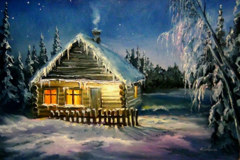 Создать мем: картина ревякина домик лесника, избушка зимой, изба зимой