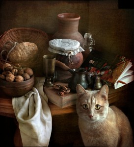 Создать мем: натюрморт масленица кот, натюрморт с котом живопись голландцы, натюрморты с котами живопись