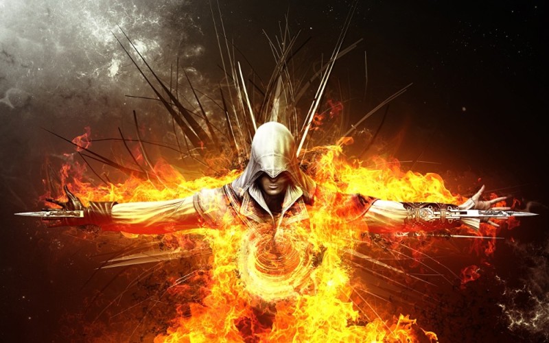 Create meme: The Fire Assassin, epic backgrounds, The assassin is on fire