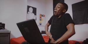 Create meme: meme Negro, a black man with a laptop, meme black man with hand in pants