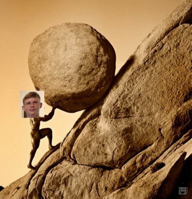 Create meme: pushing a rock uphill, the strength of the human will, Sisyphus