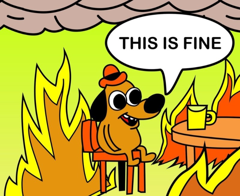 Create meme: this is fine meme, meme dog in a burning house, this is fine fire