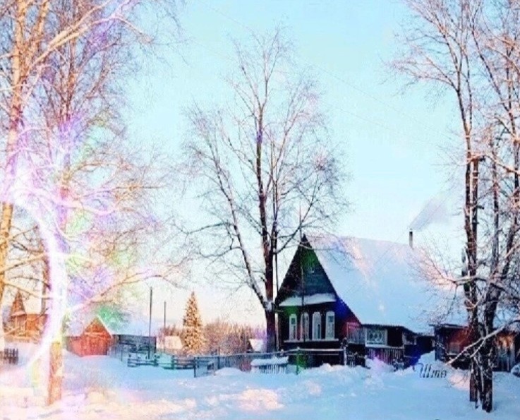 Create meme: Good winter morning in the village, Winter landscape village, winter morning in the village