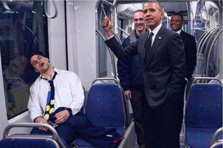 Create meme: man on the subway, Barack Obama on the subway, Obama in the metro