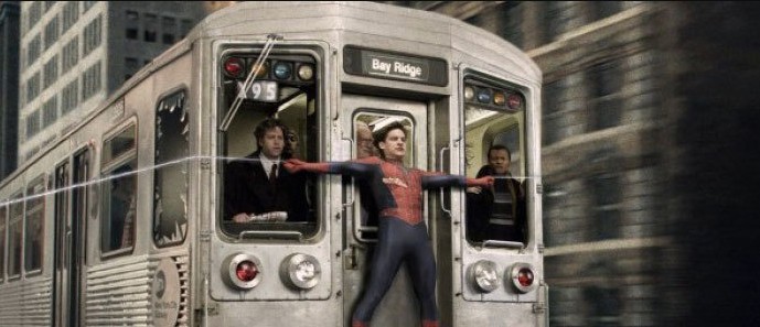 Create meme: Spiderman 2 train, spider-man train, spider-man stops the train