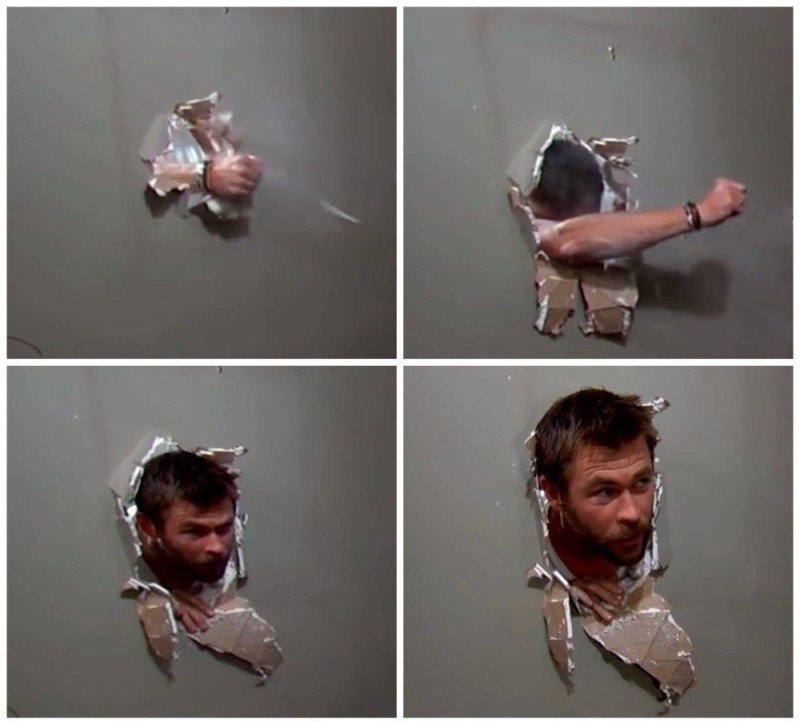 Create meme: Chris Hemsworth breaks the wall, Chris Hemsworth meme, Chris Hemsworth breaks through the wall