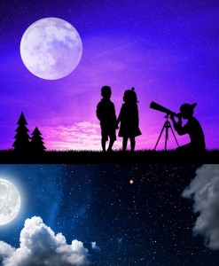 Создать мем: ночное небо, ночное небо с луной, человек смотрит в телескоп