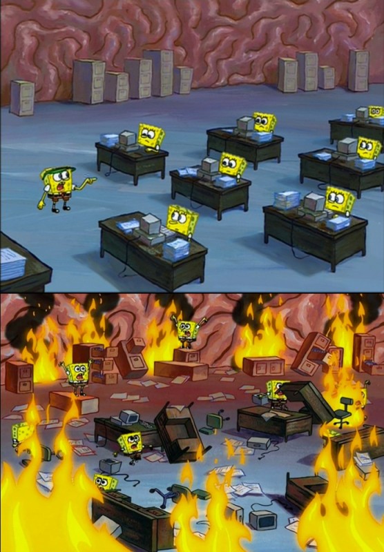 Create meme: spongebob fire in the head, spongebob in flames, Spongebob is running on fire