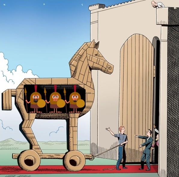 Create meme: meme Trojan horse, drawing of the Trojan horse, Trojan horse myth