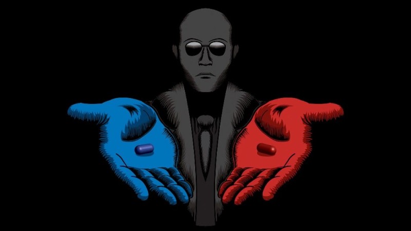 Create meme: Morpheus , red and blue pill, morpheus offers pills