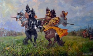 Create meme: the battle of Peresvet with chelubey, the battle of Kulikovo, duel Peresvet with chelubey on the Kulikovo field