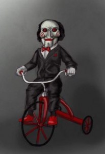 Create meme: saw, Billy doll on the bike, saw Billy doll John Kramer