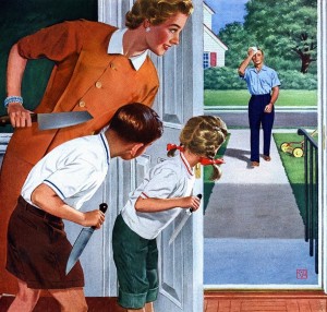 Создать мем: американский плакат 50-х годов, семья с ножами ждет отца мем, иллюстрация