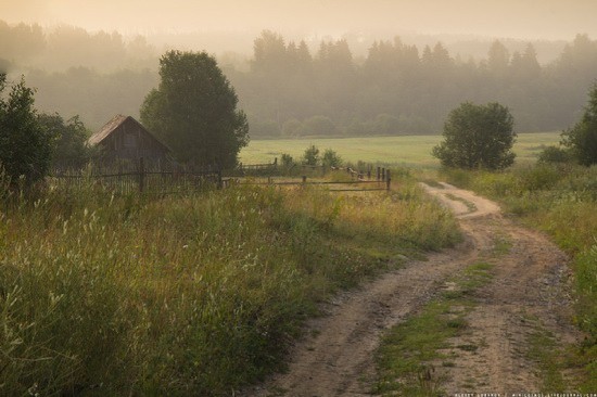 Create meme: fog in the village, summer morning in the village, summer in the village