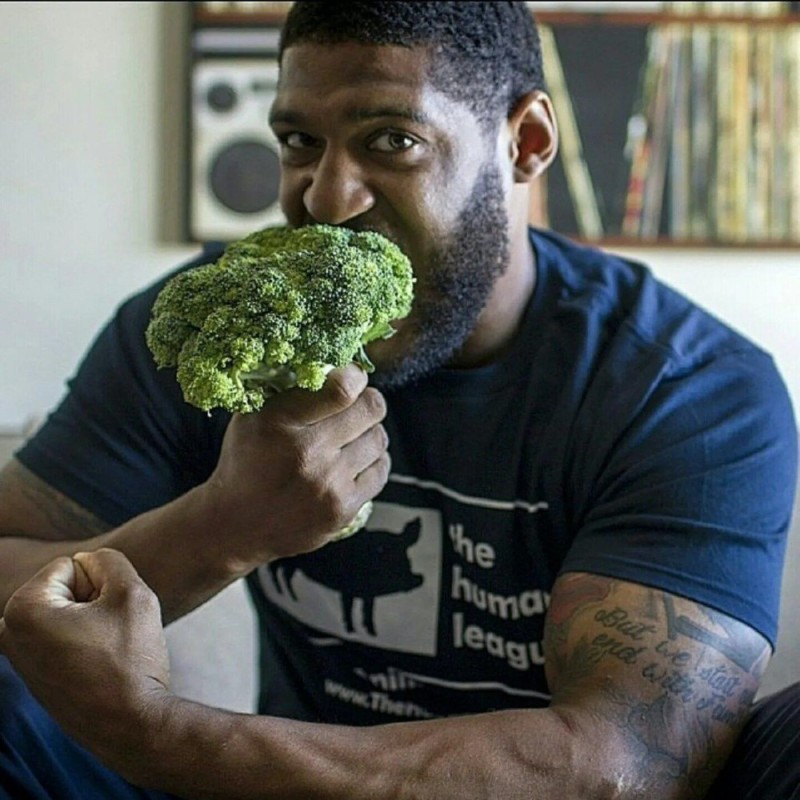 Create meme: a man with broccoli, Danielle is a vegan, a man eats broccoli