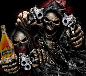 Create meme: skull with guns, skeleton with a gun, skeleton with a gun