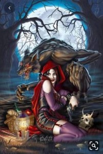 Create meme: little red riding hood fantasy, sexy little red riding hood art, little red riding hood and the gray wolf fantasy