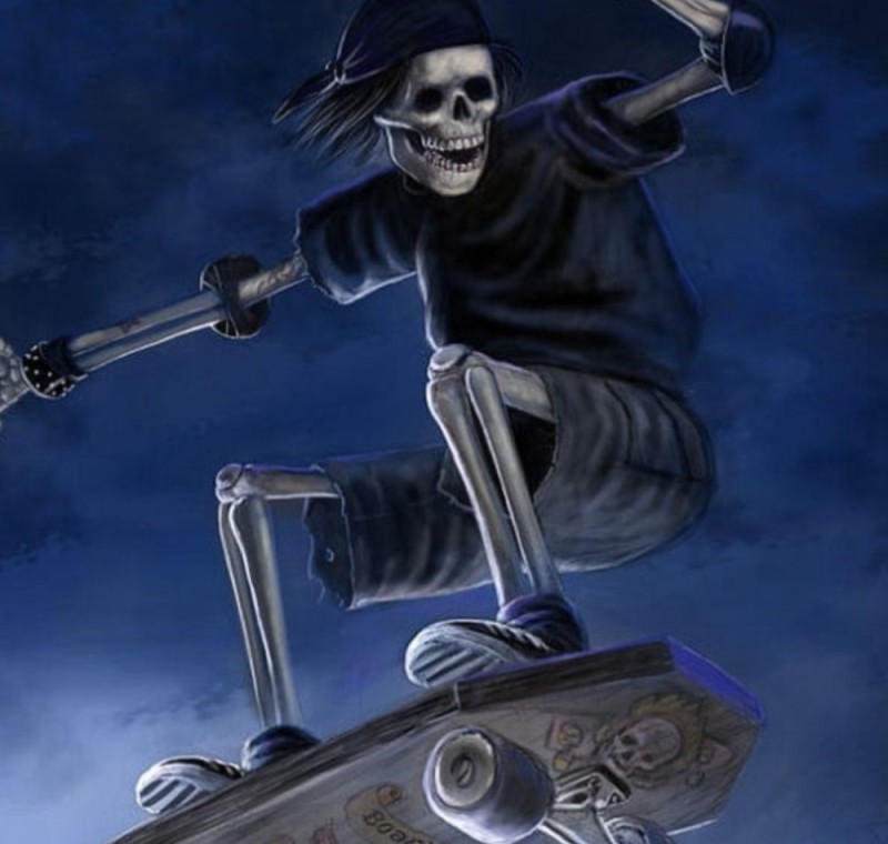 Create meme: cool skeleton, skateboarding, skateboard art