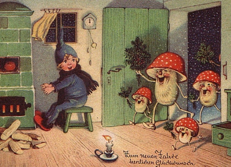 Create meme: dwarves, Gnomes are vintage, New Year's cards with toadstools