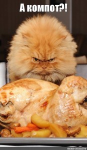 Создать мем: кот смешной, кот ест курицу, самый злой кот
