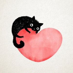 Создать мем: черная кошка с сердечком, кошачий арт, кошки милые