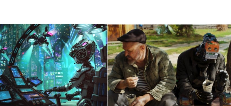 Create meme: russian cyberpunk farm russian cyber village, cyber village TV series, robot cyborg art