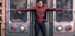 Создать мем: паук тоби магуайр поезд, человек паук поезд, человек паук останавливает поезд
