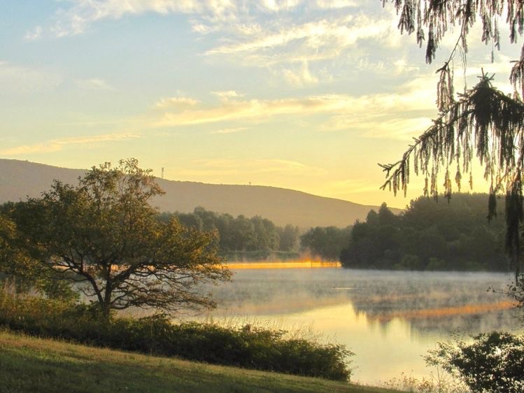 Create meme: lake fog autumn, landscape dawn, dawn on the lake
