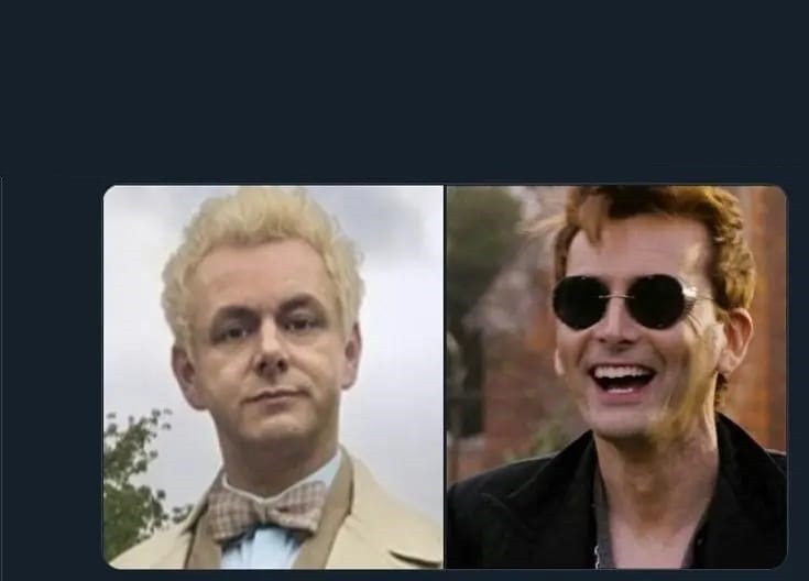 Create meme: good omens, crowley's good omens, aziraphale good omens by michael sheen