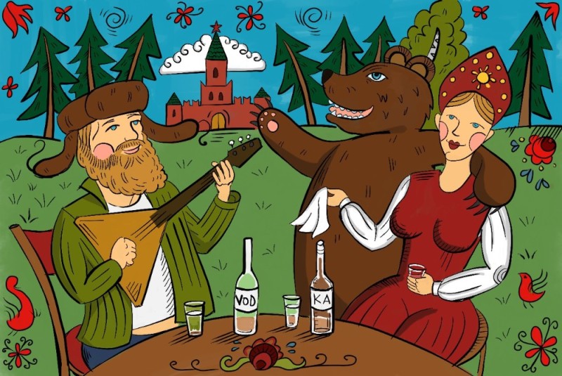 Create meme: bear with balalaika and vodka, Russian in earflaps with a balalaika and a bear, a bear in an earflap with a balalaika and vodka