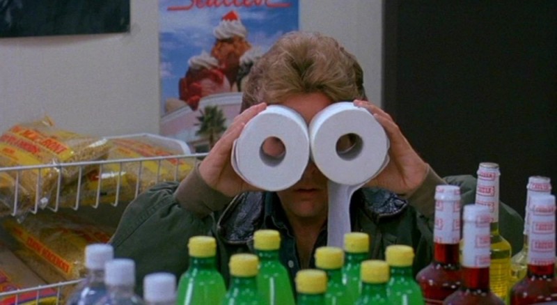 Create meme: Loaded Weapon 1 movie 1993, fun , Mem looks through binoculars