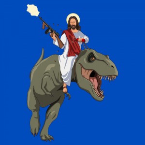 Создать мем: динозавр иллюстрация, иисус верхом на динозавре, тираннозавр